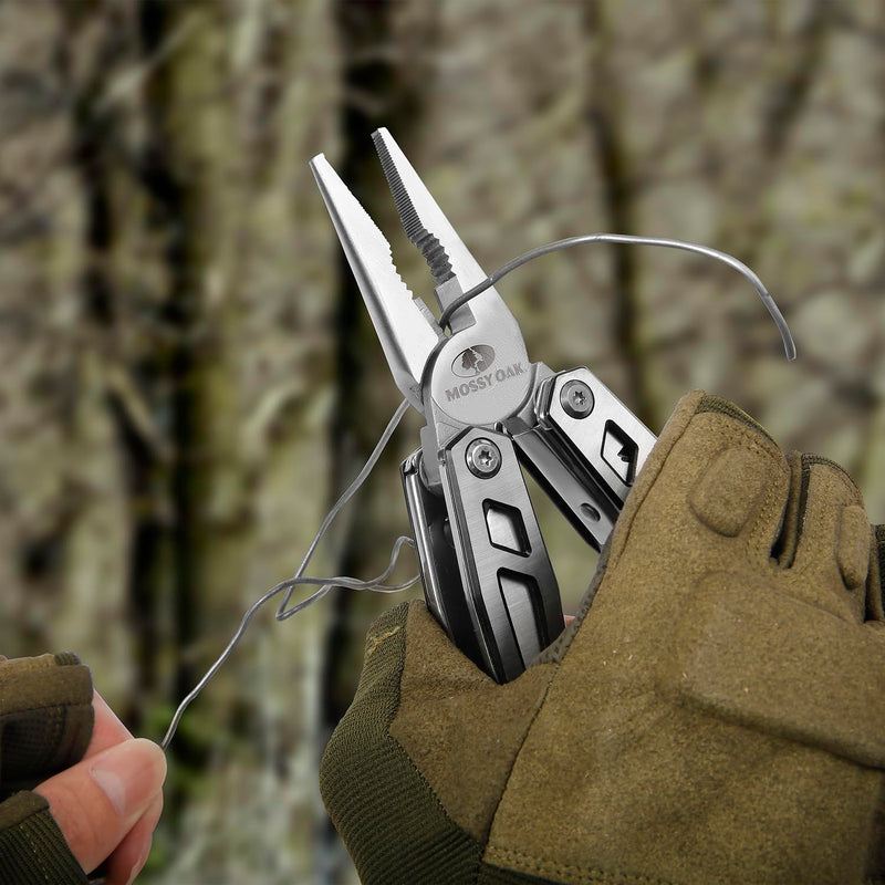 MOSSY OAK Multitool, 21-in-1 Stainless Steel Pocket Knife with Screwdriver Sleeve, Self-locking Pliers with Sheath-Perfect for Outdoor, Survival, Camping, Hiking, Simple Repair Silver