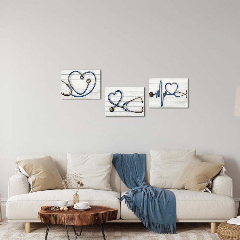 Biuteawal 3 Panels Medical Wall Art Stethoscope Paintings Echometer Instrument Picture Clinic Decor Grey Blue Canvas Print Nurse Day Gift Home Office Decoration Framed Ready to Hang