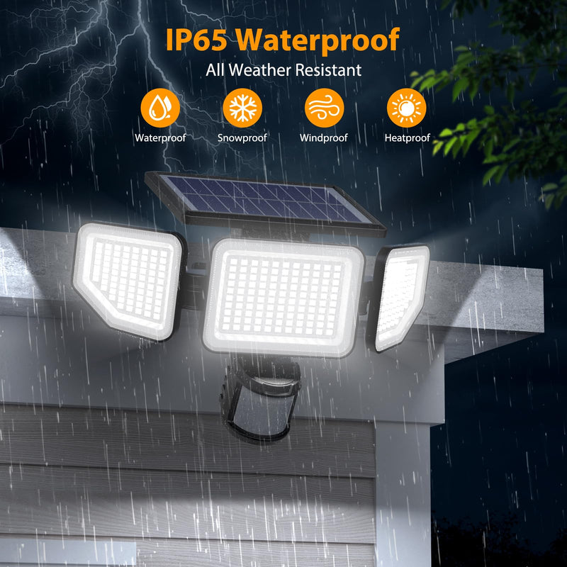 Onforu 3000LM Solar Lights Outdoor, 258 LED 3 Heads Security Lights with Remote Control, IP65 Waterproof Motion Sensor Lights, 3 Modes Flood Lights for Wall, Porch, Yard, Outside, 2 Pack