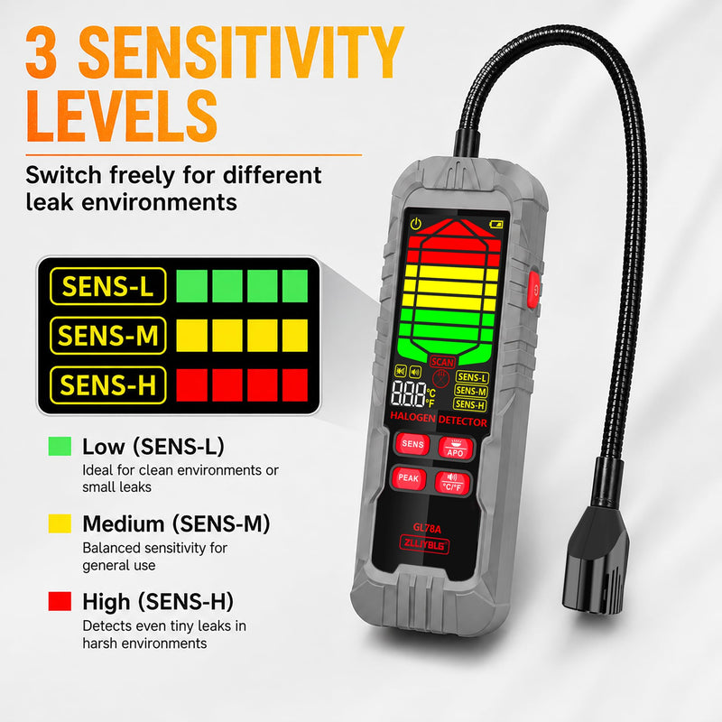 GL78A Halogen Leak Detector, Refrigerant Gas Leak Tester for HVAC R22 R32 R134a R410A, with Flexible Probe, 3 Sensitivity Levels, Audible & Visual Alarm for AC Automotive Industrial Use-Gray gray