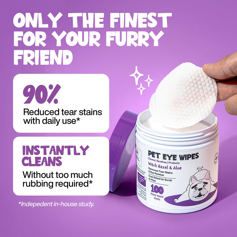 Eye Wipes 100 Counts - Dog Tear Wipes to Removes Tear Stains & Eye Residue - Hypoallergenic Pet Eye Cleaner Wipes for Cats & Dogs - Safe and Effective for Dogs & Cats White