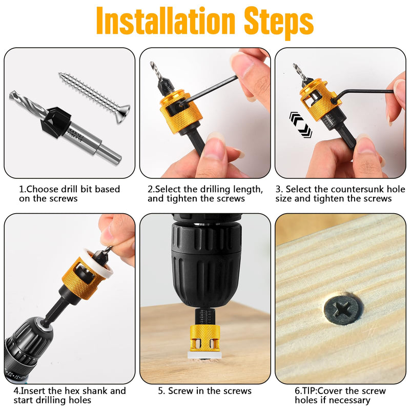 Countersink Drill Bit Set for Wood, 7Pcs Counter Sink Drill Bit Set with Adjustable Depth Stop and 1/4" Quick Change Hex Shank, Replaceable HSS M2 Bits Tapered Head for Woodworking
