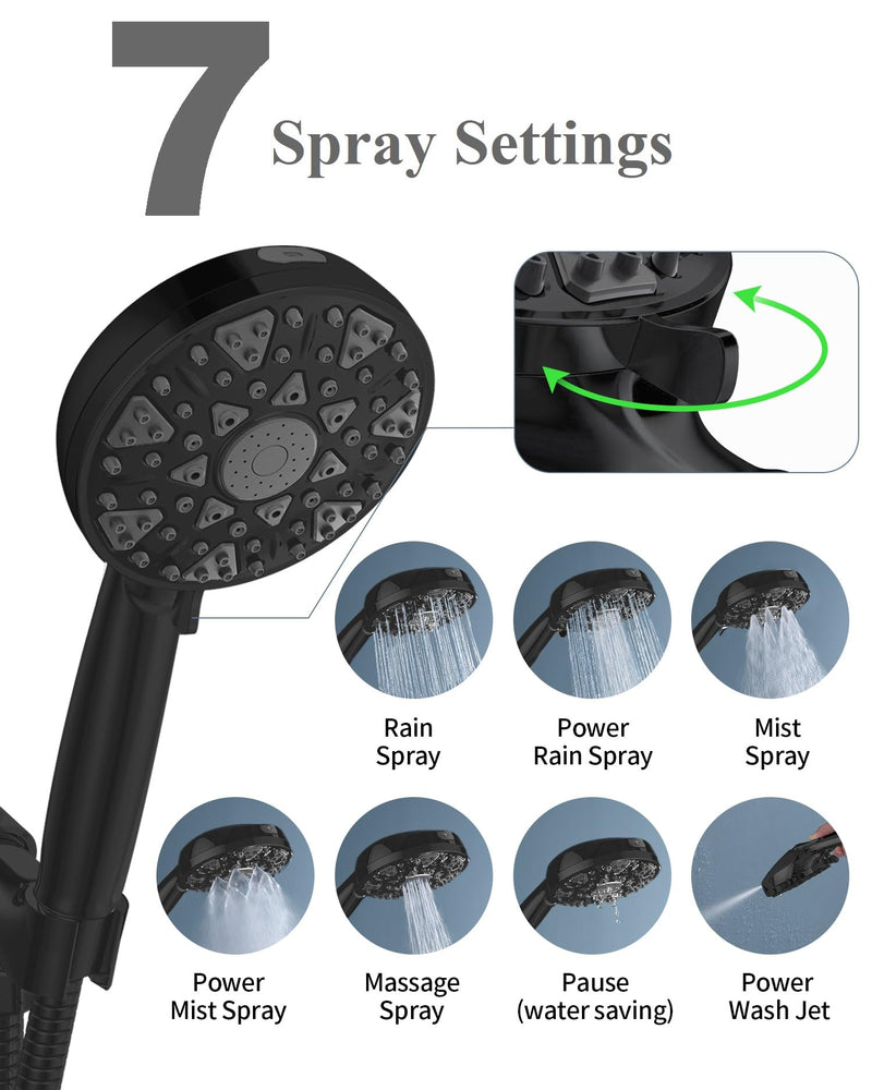 Shower Head With Handheld High Pressure 7 modes, Built-in Power Wash to Clear Tub, Tile, 5" High Powerful Hand Held Rain Showerhead with Stainless Steel Hose and Adjustable Bracket (Matte Black) Polished Black