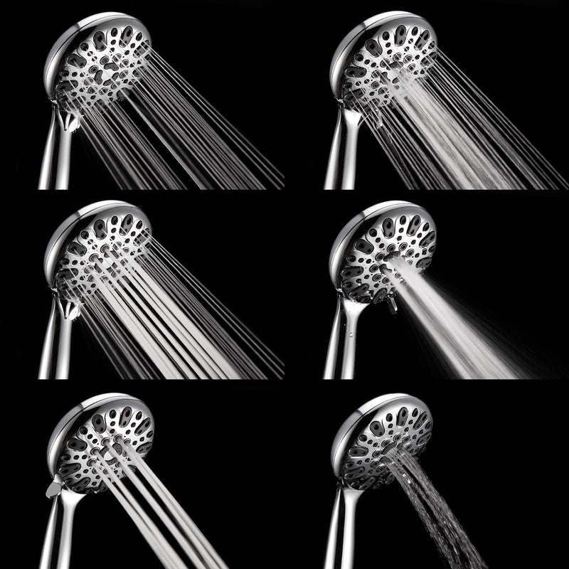 Handheld Shower Head, 6 Spray Setting High Pressure Shower Head with Brass Swivel Ball Bracket and Extra Long Stainless Steel Hose, Chrome, 5" Brass,Elegant
