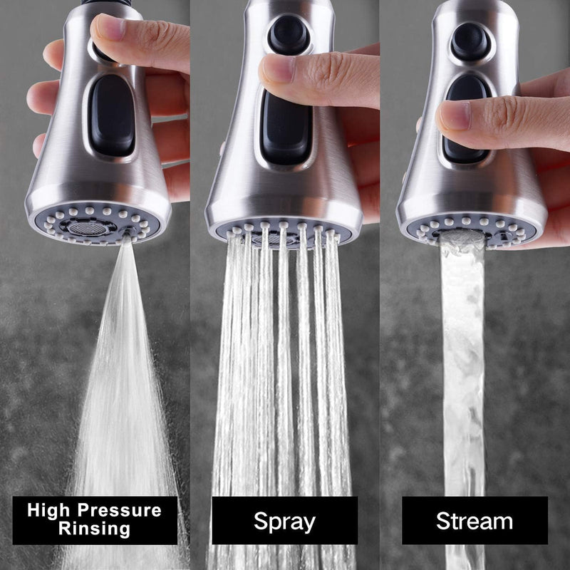 Hibbent Pull Down Spray Head for Kitchen Faucet, 3-Function Sink Spray Nozzle with 15 Adapters, Faucet Head Replacement Compatible with Moen, American Standard, Delta, Kohler Faucets, Brushed Nickel 2.5 Gallon Per Minute