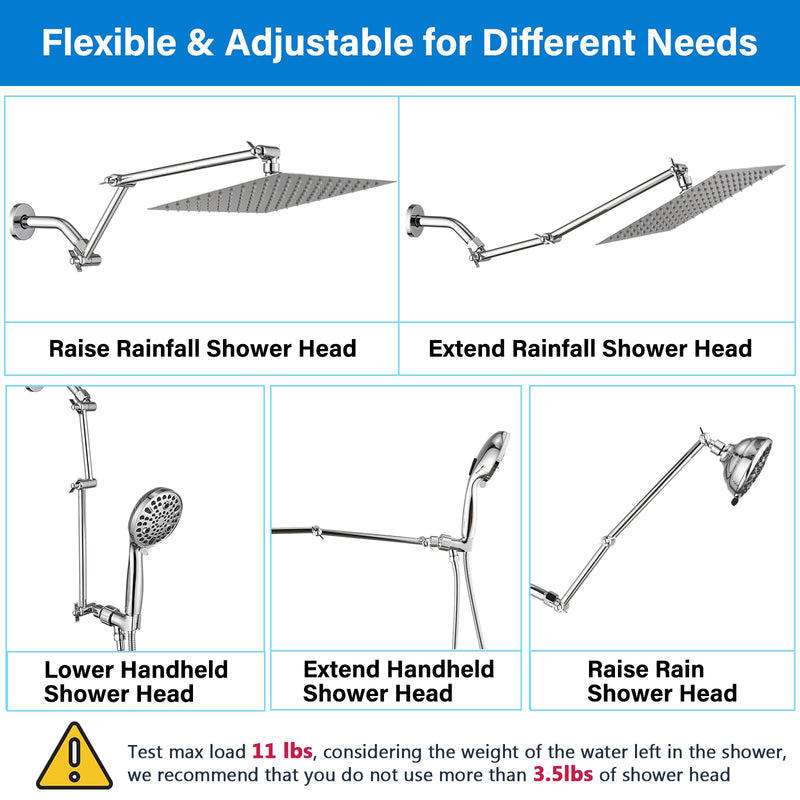 PDPBath Brass 16 Inch Shower Head Extension Arm, Upgrade Flexible Height & Angle Adjustable Shower Arm Extender with Lock Joints, for Fixed Shower Head & Handheld Shower Head, Chrome 6 Inch + 10 Inch