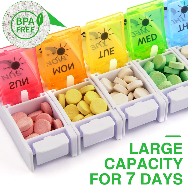 DailyRest Pill Organizer 2 Times a Day, 1 Pack Day Night Pill Case, Detachable Push Button Design, Large Compartment Weekly 7 Day Pill Box, Medicine Organizer for Fish Oil/Vitamins/Supplements 7 Colours