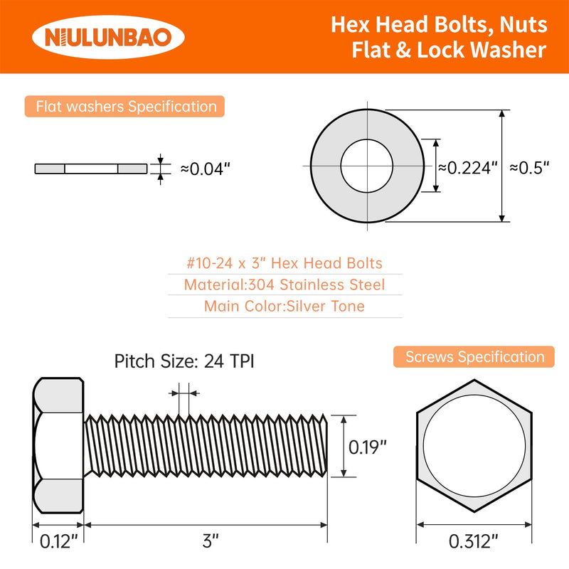 #10-24 x 3 Hex Head Bolts Screws, Nuts, Flat and Lock Washers Assortment Kit, 304 Stainless Steel(18-8), Bright Finish, Machine Fully Thread 10Sets #10-24 x 3" (10Sets)