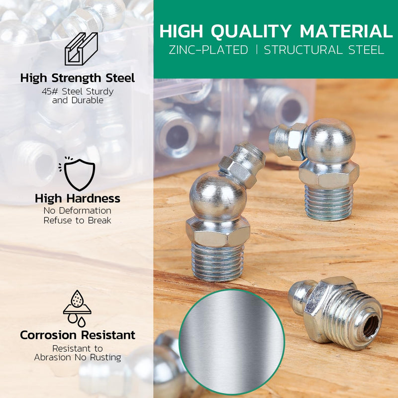 90PCS SAE & Metric Grease Fittings Assortment,Zerk Grease Fittings Kit NPT 1/4" 1/8" M6 M8 M10 Straight 45 90 Degree Grease Gun Fittings 90PCS KIT-SAE & METRIC