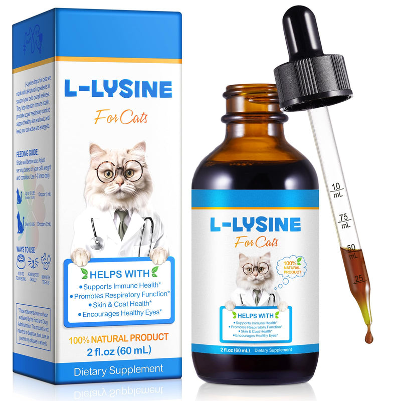 Natural Cat Lysine Drops for Immune Support – L-Lysine Supplement with Astragalus & B Vitamins for Respiratory Health, Tear Stain Relief, Skin & Coat Care – 100% Natural Liquid Drops for Cats(2 fl oz)