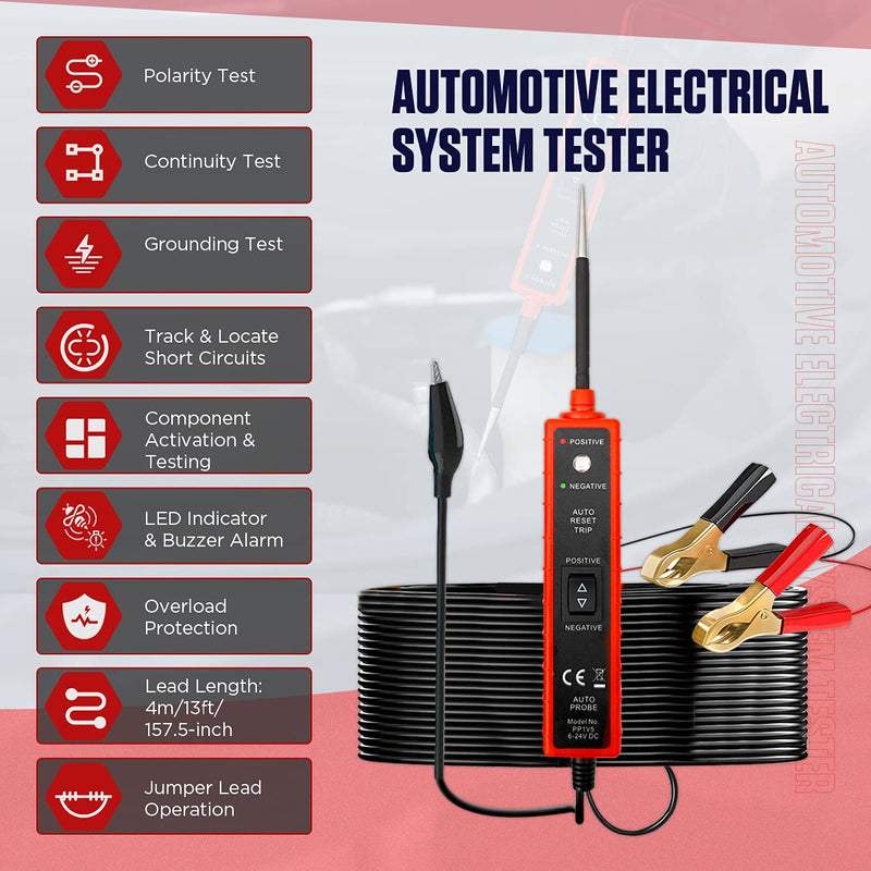 Power Circuit Probe Tester 6V-24V DC Test Light Automotive Circuit Tester Car Short Finder, 12V 12 Volt Auto Electrical Test Tool Kit, Component Activation, Polarity Identify, Overload Protection