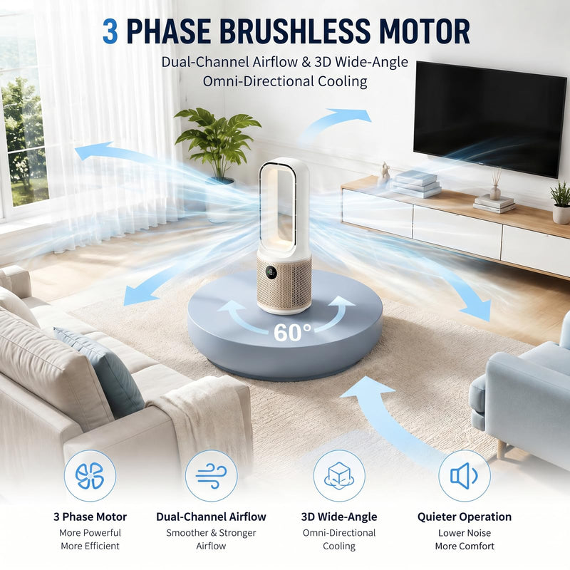 Bladeless Desk Fan, USB Rechargeable, Quiet, 9 Speeds, 60° Oscillation 13 inches