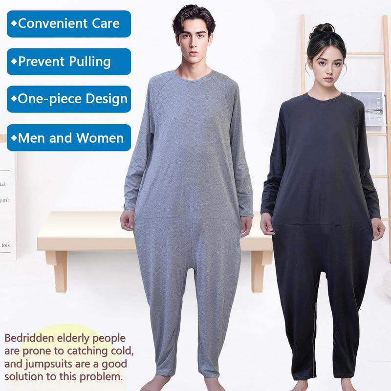 Unisex Anti-Strip and Tear-Resistant Adaptive Jumpsuit with Back and Leg Zipper,One-piece Long-Sleeved Trousers,Suitable for Seniors,Incontinence Care,Dementia,Alzheimer’s Patients(Black XL) Black X-Large