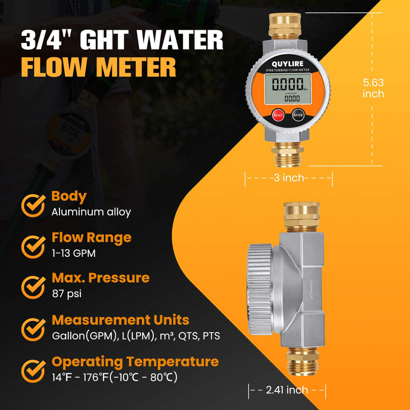360° Water Flow Meter, Metal Flowmeter with 3/4" GHT Brass Connector for Garden Hose, RV, Pool, House, Lawn Sprinkler and Yard Watering, Supports Gallon, Liter, GPM, LPM, m³, QTS, PTS