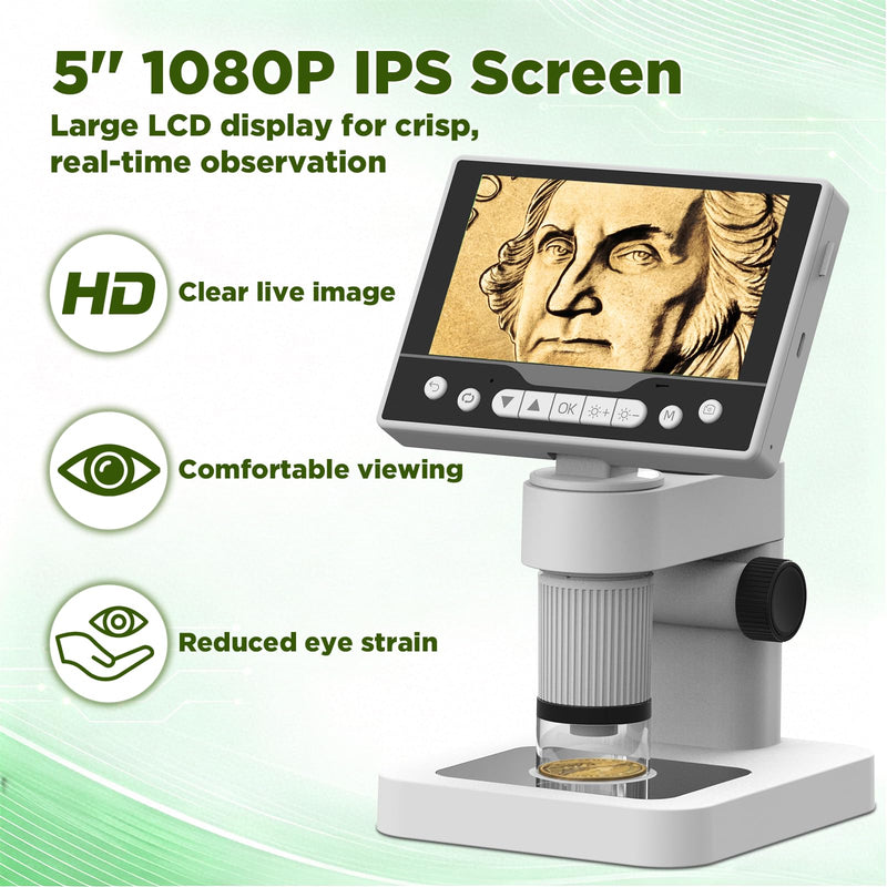 Digital Microscope, 12MP 1080P Handheld Microscope with 8 Adjustable LED Lights, 5" LCD Screen Coin Microscope 1000X, USB Microscope for Windows/MacOS, White
