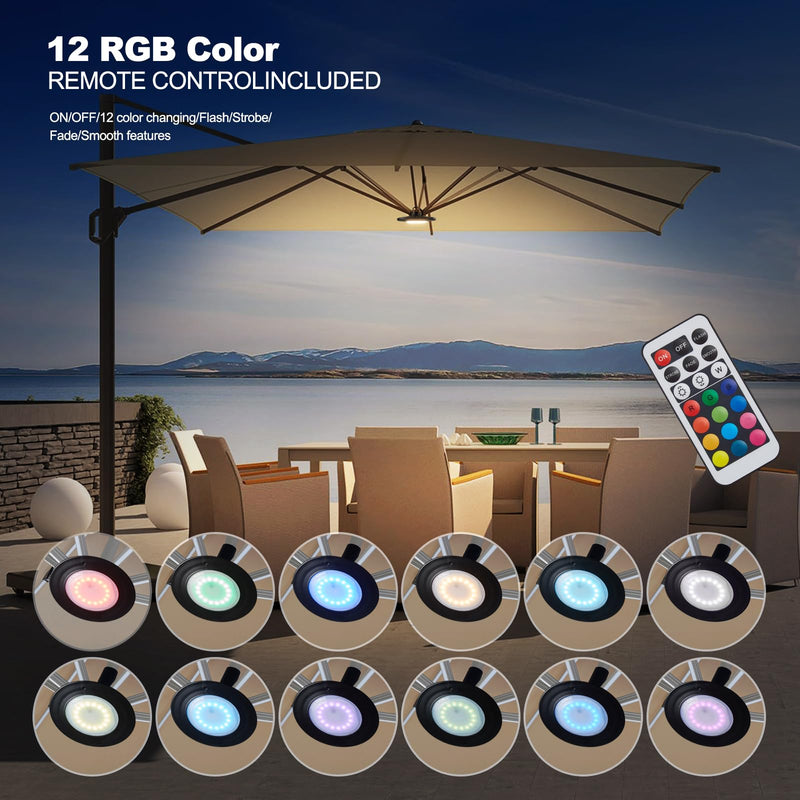 LED Patio Umbrella Lights with Remote, Black Portable Rechargeable Battery Cantilever Umbrella Light with 3 Brightness, 12 Color Mode Dimmable for Patio Umbrellas, Camping Tents, Outdoor Use