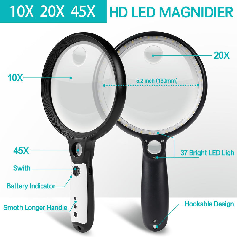 Large Magnifying Glass with 37 LED Light, 10X 20X 45X Handheld Illuminated Lighted Magnifier with 3 Light Modes Rechargeable Magnifying Glass for Seniors Reading, Inspection (Black & White) Black & White Magnifier with Light (No Case)