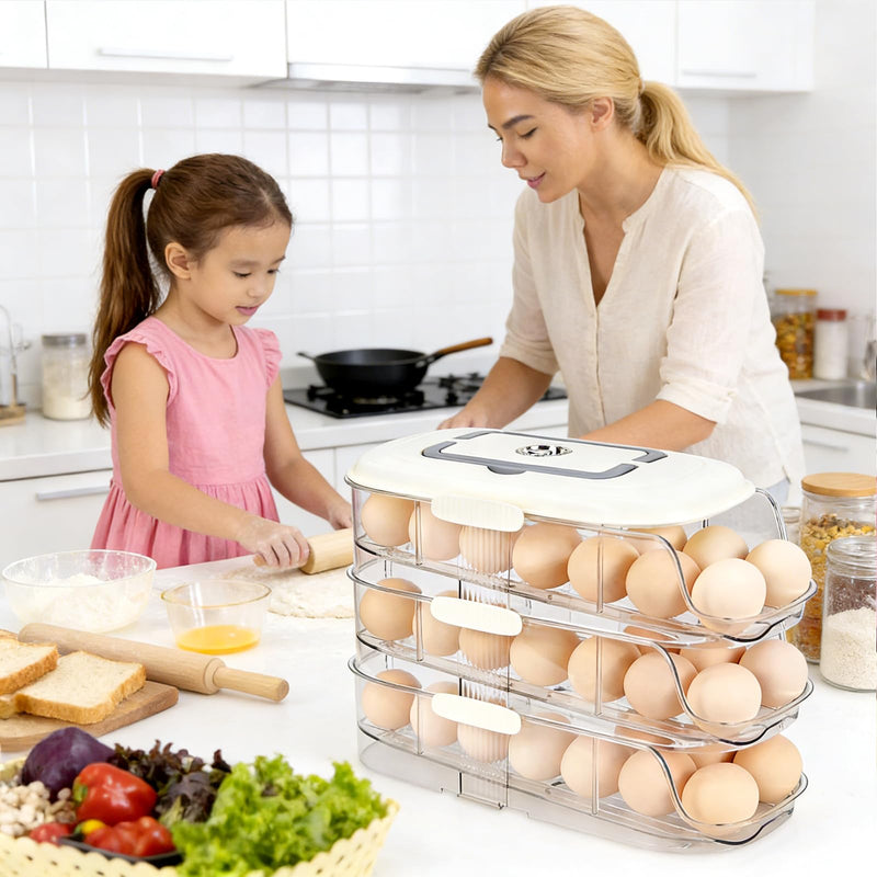 Egg Dispenser for Refrigerator, 3-Layer Clear Plastic Egg Holder Adopt Transparent PET Material & Hidden Handle Design – Egg Organizer for Refrigerator with Cover Lock Buckle (Capacity of 42 Eggs) Capacity of 42 Eggs