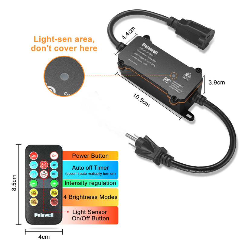 Outdoor Dimmer for String Lights, 600 W Outdoor Dimmer Switch, 100 FT Remote Control Light Dimmer, Dusk to Dawn Dimmer Plug for Dimmable Outdoor String Lights, Lamps and Patio Lights,Timer,Waterproof
