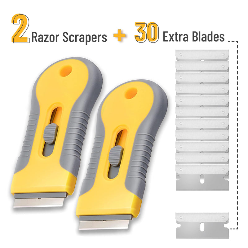 Bates- Razor Blade Scraper, 2 Pack, Razor Scraper Set with 30 Extra Blades, Razor Scraper, Window Scraper, Scraper Tool, Glass Scraper, Scraper Blades, Blade Scraper, Razor Blade Retractable. Yellow and Gray