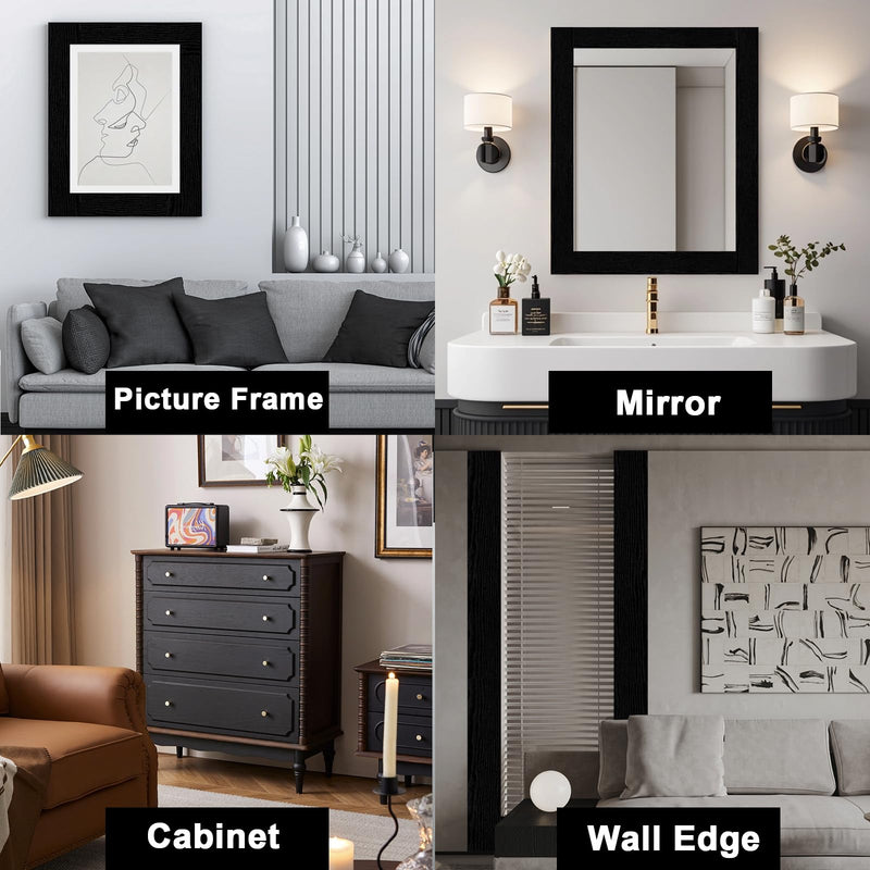 10M Black Wood Grain Mirror Frame Border Peel and Stick Wallpaper, Removable PVC Waterproof Bathroom Mirror Tape Sticker Trim, Kitchen Wallpaper Self Adhesive Decor Sticker 1.96" x 393" 1.96'' x 393''