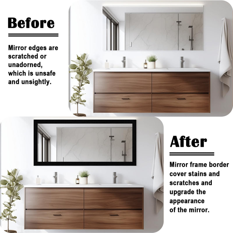 10M Black Wood Grain Mirror Frame Border Peel and Stick Wallpaper, Removable PVC Waterproof Bathroom Mirror Tape Sticker Trim, Kitchen Wallpaper Self Adhesive Decor Sticker 1.96" x 393" 1.96'' x 393''