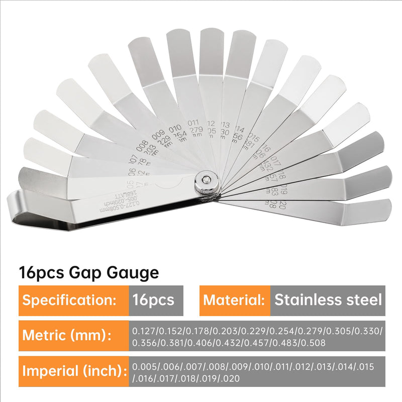 Offset Valve Tappet Gauge Set, 16-Blades Feeler Gauge with Two Handles (0.005" - 0.020 inch/0.127mm - 0.508 mm Dual Size) & Screwdriver