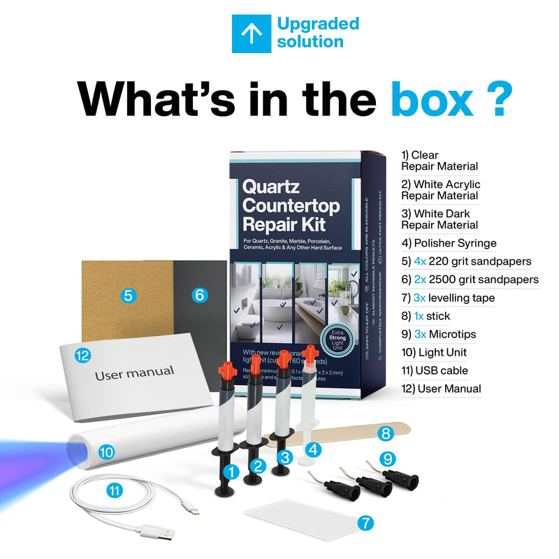 Quartz Countertop Repair Kit DIY (Clear, White Acrylic & Dark White Color) - Fix Your Defect Like a Pro I Suitable for Most Repairs I Fix Broken Chips in Minutes