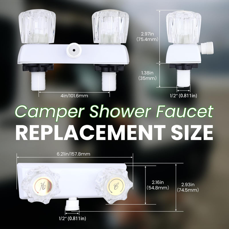 RV Shower Faucet, Dual-Handle Camper Shower Faucet with Acrylic Knobs, 4" RV Shower Valve Diverter, RV Outdoor Shower for RV, Camper Van, Outside and Inside Bathroom Shower (White) White