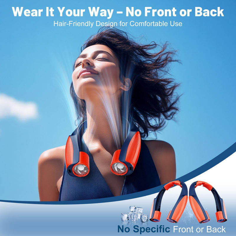 AI Portable Neck Fan with 6 Powerful Speeds, 8000mAh Battery Operated USB-C Rechargeable Fan, Hands-Free 360° Cooling Neck Fan,Ultra-Quiet Personal Fan for Women Men Office Travel(Orange-Blue) Orange-Blue