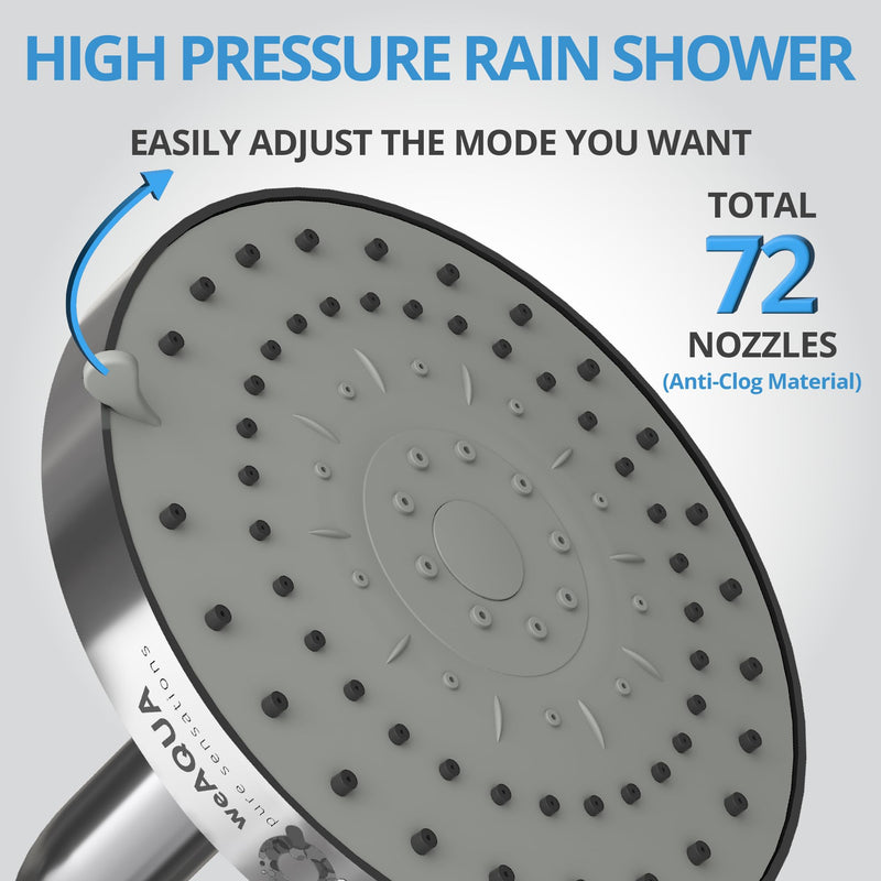 weAQUA Shower Head High Pressure 2 PACK – 4.5 Inch, 5 Spray Modes, 72 Anti-Clog Nozzles, Easy 1-Min Installation, Fixed Shower Heads for Powerful Bathroom Upgrade (STD-SHWR-HD02) 2 Pack - Chrome