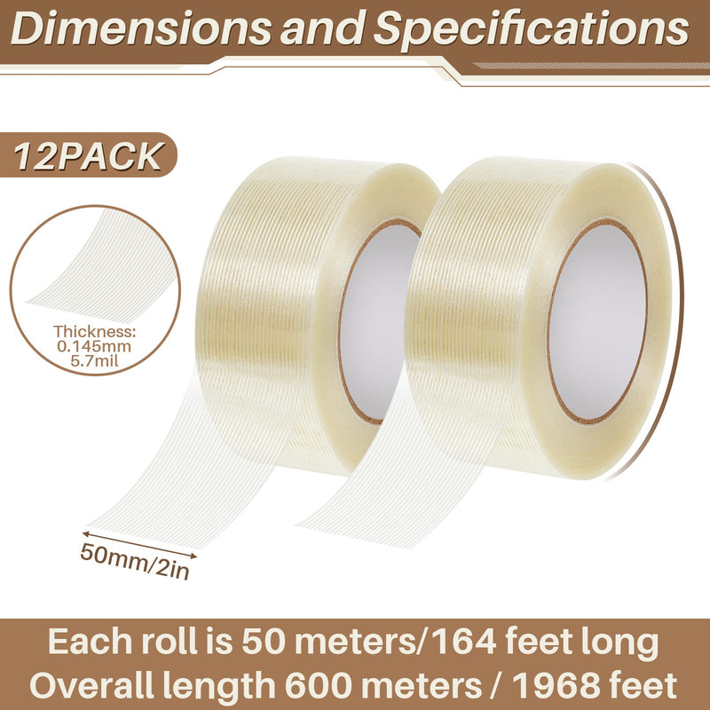 Amylove 12 Rolls Filament Strapping Tape 5.7 Mil Fiberglass Tape Filament Tape Transparent Reinforced Packing Tape Fiber Tape for Packaging Sealing Binding Fixing Supplies (2 Inch x 55 Yard) 2 Inch x 55 Yard