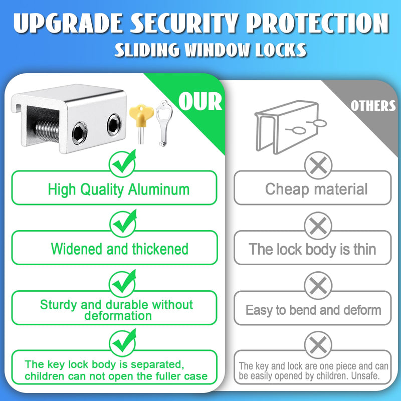 Sliding Window Locks (2 Pack), Window Locks for Up and Down Windows and Horizontal Windows, Window Security Bars, Window Security Lock with Key，Adjustable Security Window Locks (Silver) Silver 2