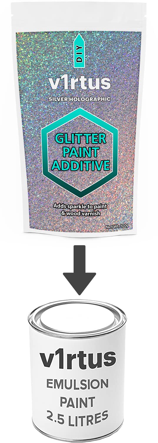 Silver Holographic Glitter Paint Additive [400g] with 4X Finishing Buffing Pads for Painting Glitter Walls - Add to Latex Paint, Interior or Exterior for Easy Glitter Sparkle Walls, Ceilings Silver Holographic