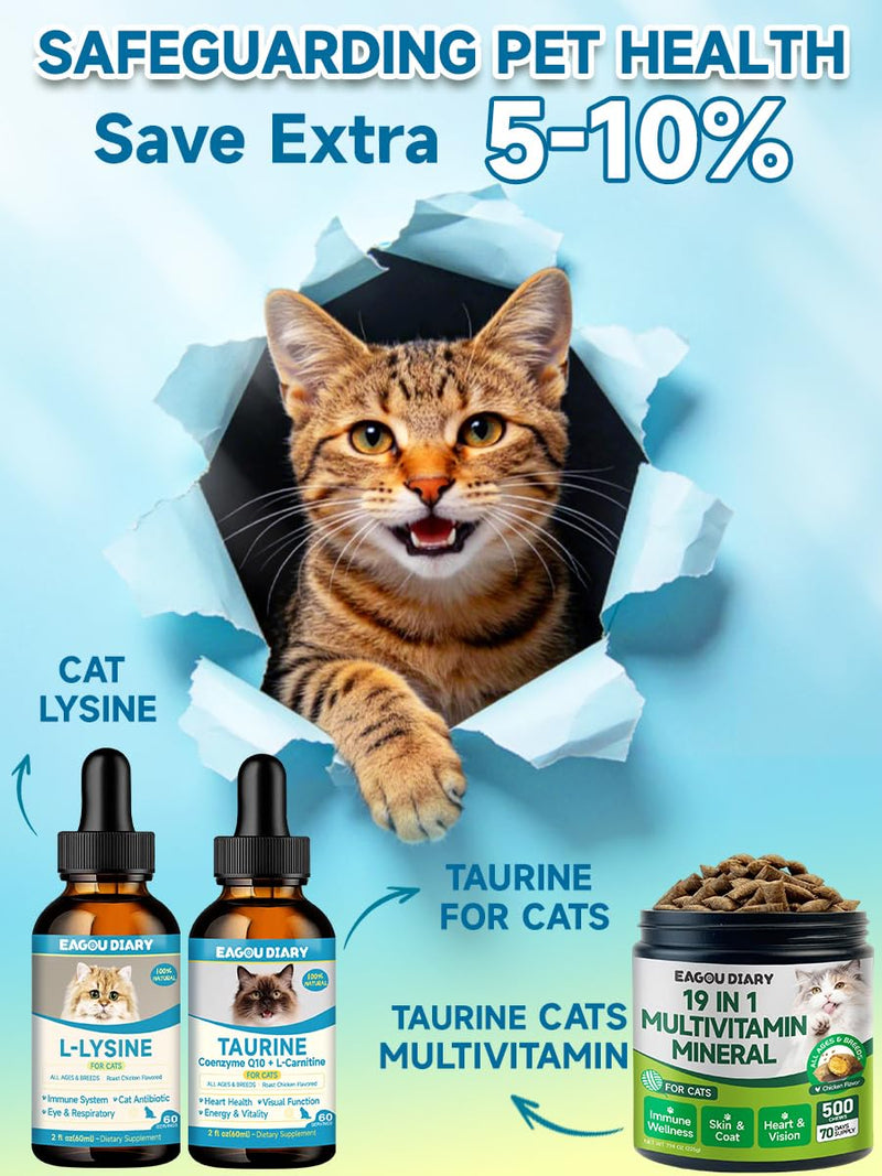 Taurine for Cats Drop - Taurine Supplement for Cats, Supports Feline Heart & Immune Function, Vision, Energy & Vitality, Coenzyme Q10, L-Carnitine, L-Arginine, Vitamin, Liquid Cat Taurine 60ML