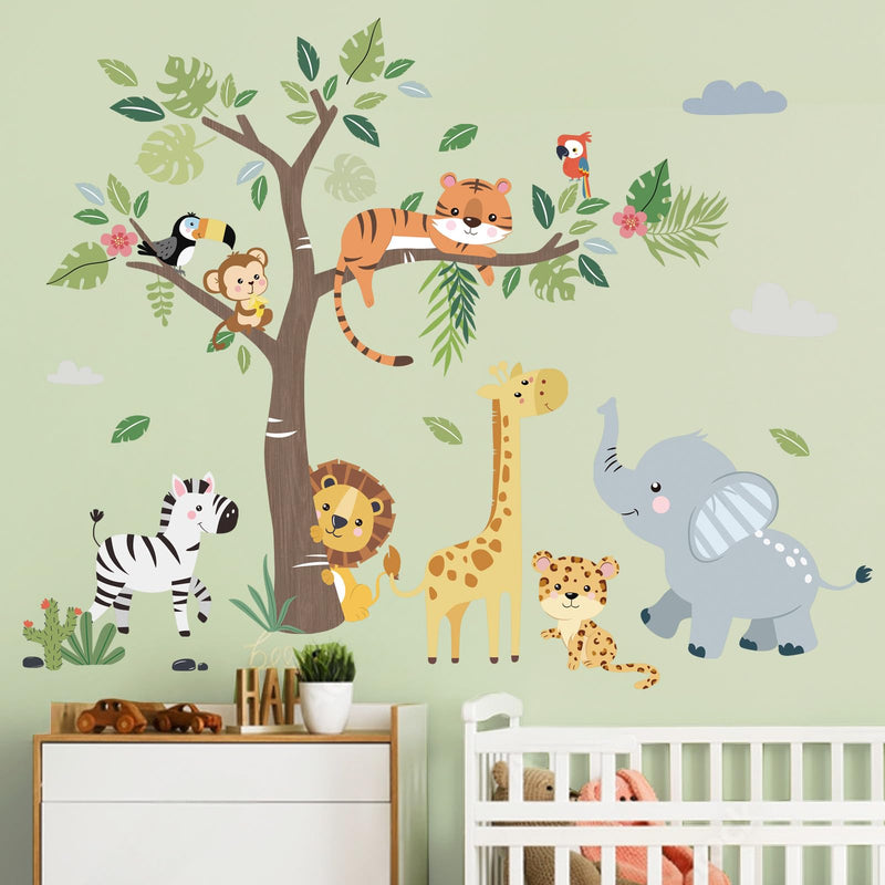 decalmile Jungle Animals Tree Wall Decals Elephant Giraffe Lion Safari Wall Stickers Baby Nursery Kids Bedroom Living Room Wall Decor C