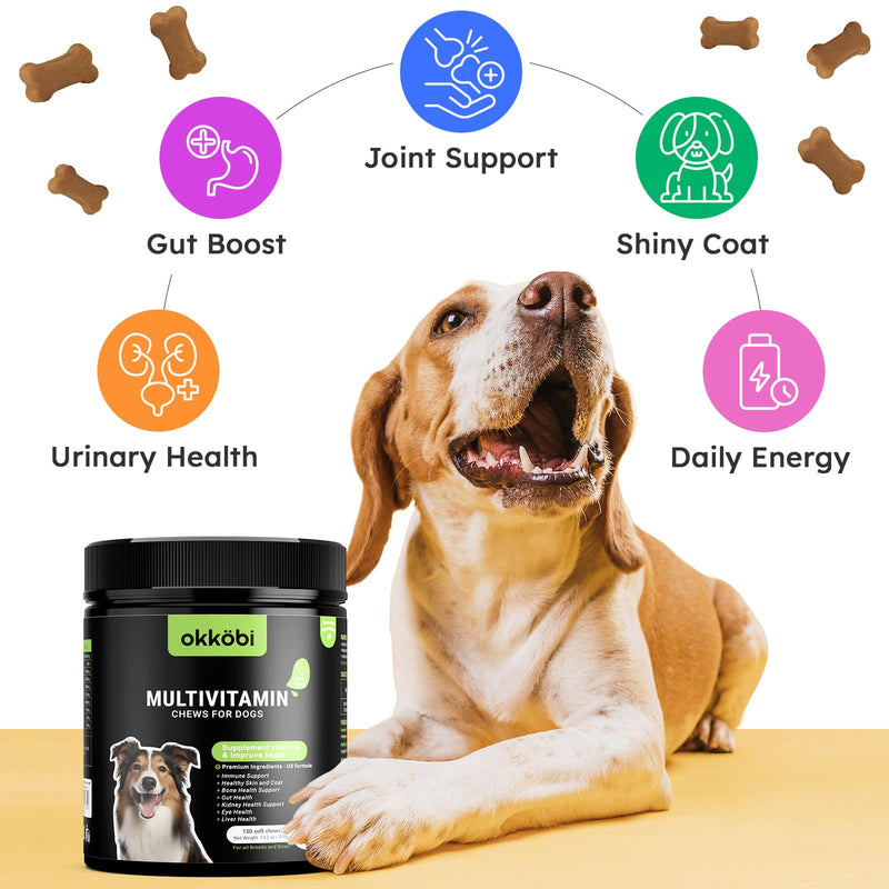 Dog Vitamins and Supplements Multivitamin Chewable 150 pcs with Wild Alaskan Salmon Oil for Dogs & Cats 8.5 oz - Omega 3, Glucosamine & Probiotics for Skin & Joint Support