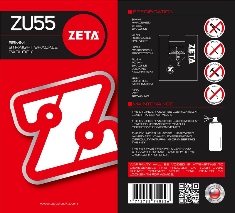 ZETA ZU55 High Security 6-Pin Dimple Slider with Sidebar Cut Pick Resistant Locksport 55mm Width Padlock