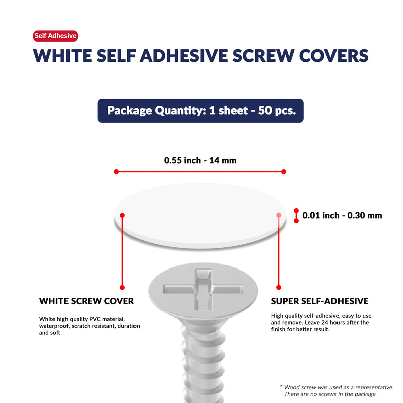 White Self-Adhesive Screw Hole Stickers - 50 pcs. 0.55 inch / 14 mm Peel Stick Dust Proof Tape, Water Resistance PVC Caps for Wood Cabinets, Furniture, Drawer, Wardrobe, Kitchen, Table 0.55 inch - 14 mm White