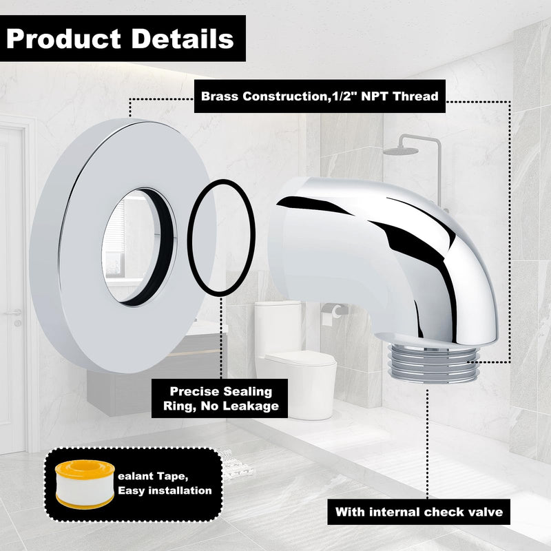 K-22172-CP Wall-Mount Shower Supply Elbow with Check Valve - 1/2" NPT Connection, Brass Construction, Polished Chrome Finish for Handheld Shower Head Hose, Backflow Prevention Bathroom Fitting