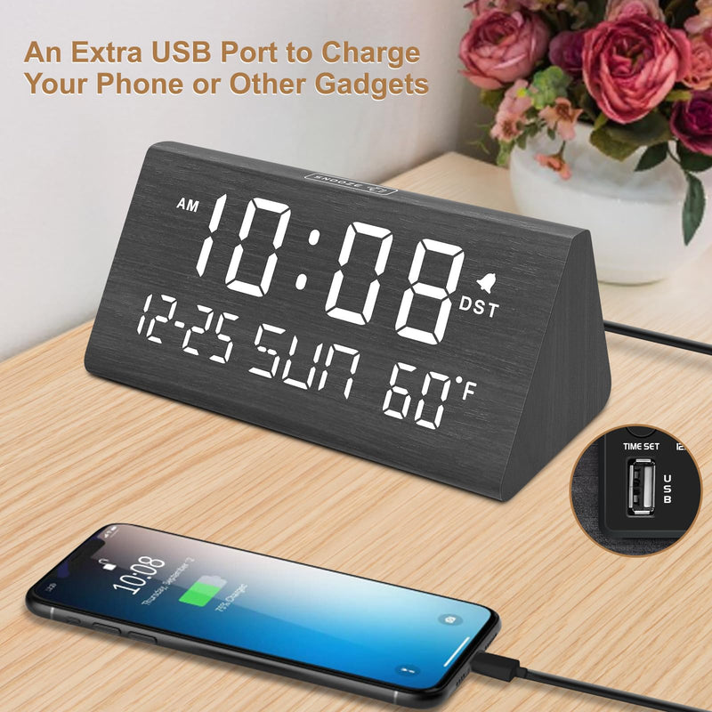 DreamSky Digital Alarm Clocks for Bedrooms - Wooden Desk Clock with Date, Day of Week, USB Port, Temperature, Dimmer for Bedside Table, Living Room, Office, Adjustable Volume, Auto DST, Wood Decor Black - Date & Day
