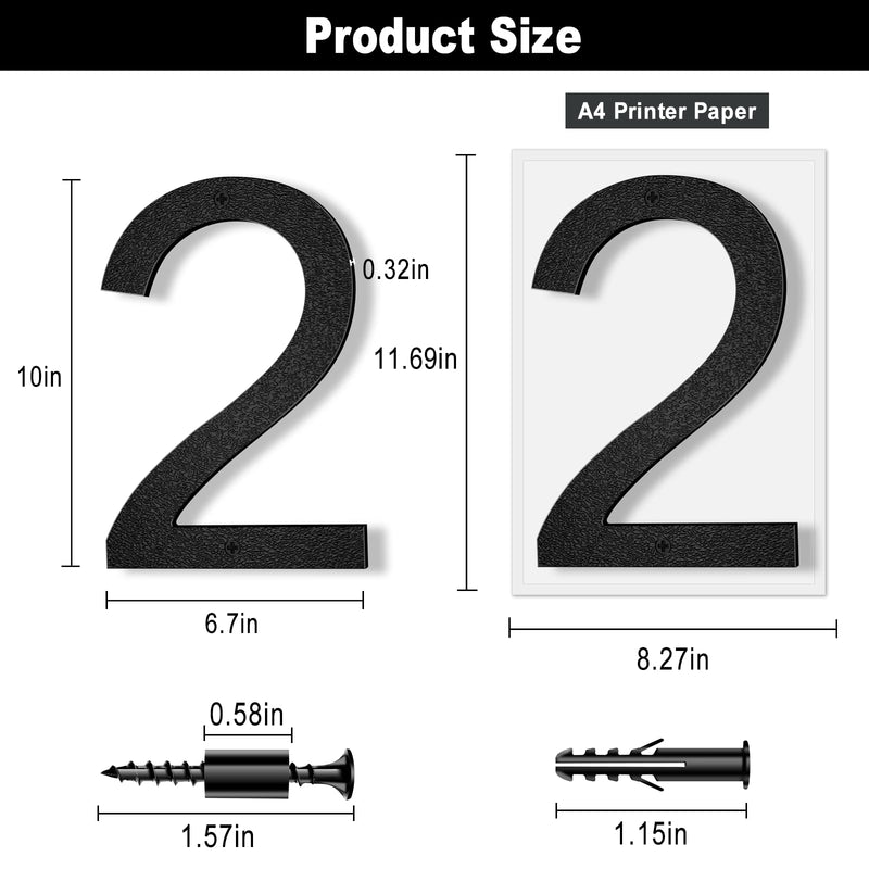 10 Inch Black House Numbers for Outside, Large Floating Home Address Numbers, Modern Exterior Plastic House Numbers for Door Wall Street Garage Gate (2) 10 Inch Number 2