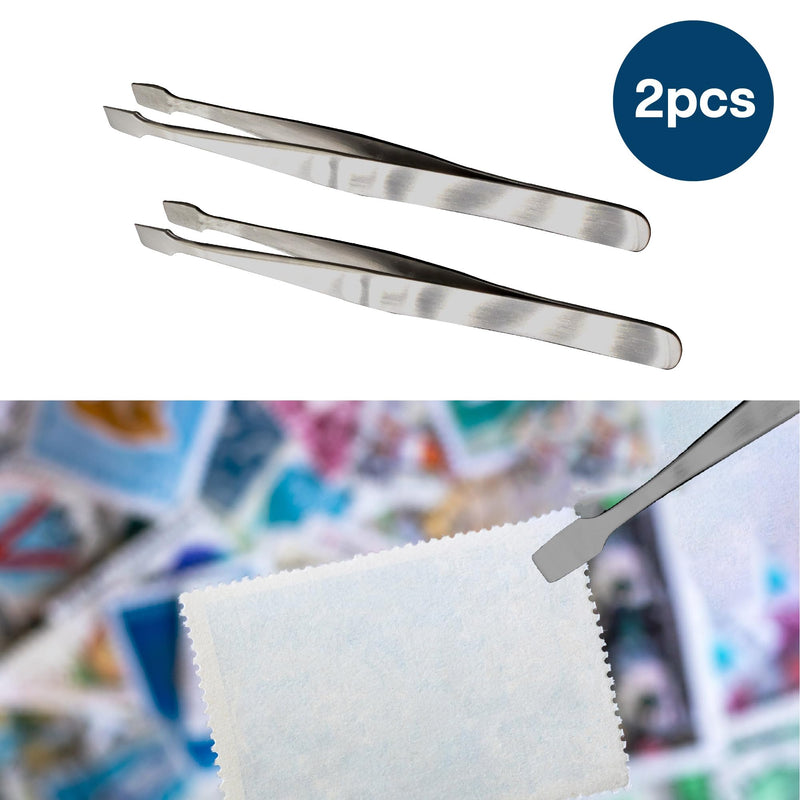 MMOBIEL 2 Pcs Stainless Steel Stamp Tweezers Tongs Flat Wide Tip Precision Philately Tweezers for Stamps, Documents, Photo Development, etc.