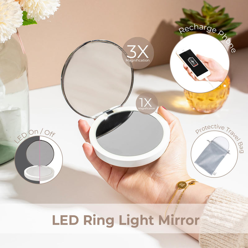 stylPro Flip N Charge Power Bank Compact Mirror with LED Light - Handheld Pocket Magnifying Mirror Travel Makeup & Hair Styling - 2 in 1 USB Charger - Mini Portable Mirror for Purse - 1 Piece