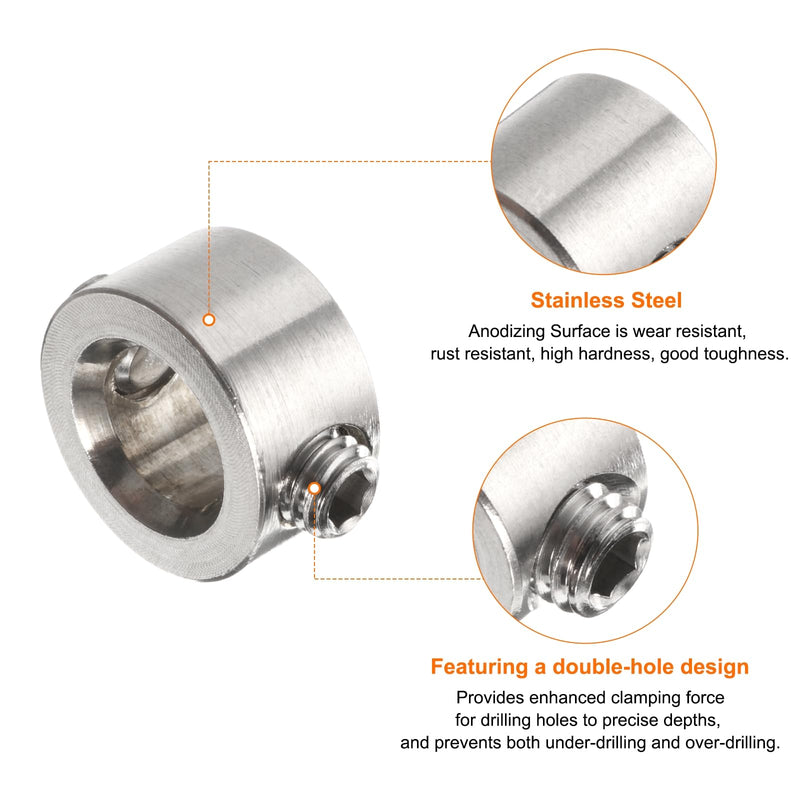HARFINGTON 4pcs 9mm Drill Stop Collar Set Depth Stop, Adjustable Stainless Steel Drilling Limit Ring, Anodizing Surface Dowel Shaft Chuck Positioner with Hex Wrench, Silver