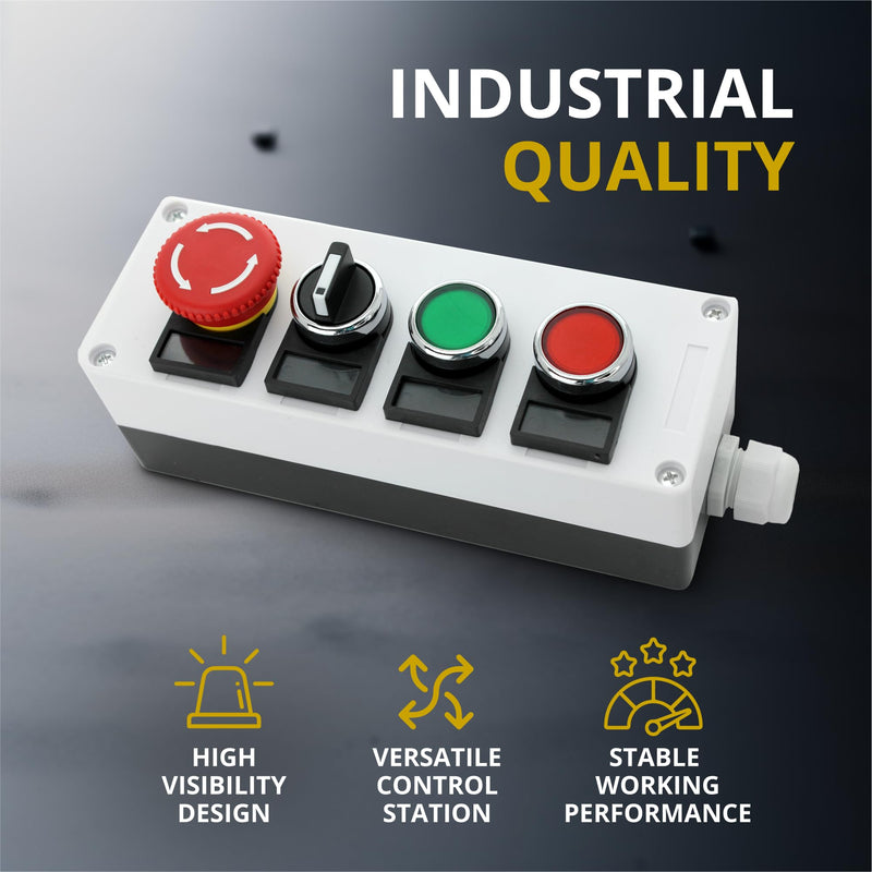 22mm Control Station Box Set – Momentary Push Button Switches (Red & Green), 2-Position Rotary Switch & Emergency Stop Button 1 Pack