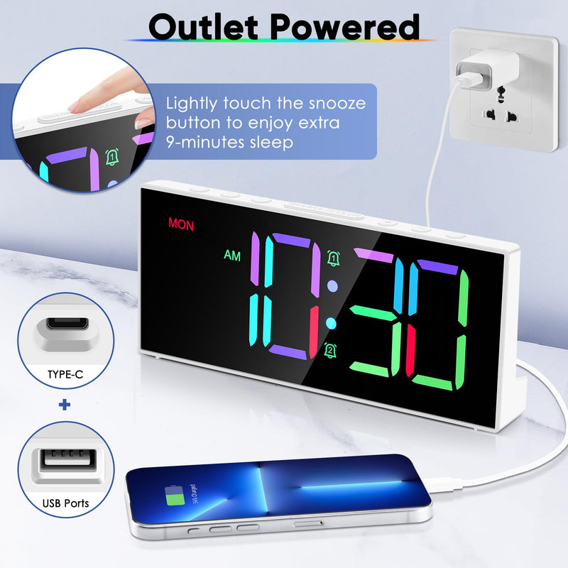 Alarm Clock with Large Display Big Numbers,5 Levels Brightness，Snooze,USB Charging Port,LED and Mirror Desk Clock,Dual Alarms Modern Electronic Clock for Bedroom Home Living Room Office. (White) White