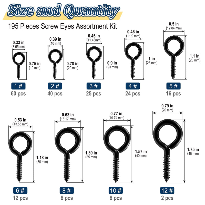 Screw Eyes Assortment Kit(195Pcs),0.75" 0.78" 0.90" 1" 1.1" 1.18" 1.39" 1.57" 1.75" Zinc Plated Eyelet Screws, Metal Small Tapping Screw Hooks Ring, Black Zinc Plated, 195pcs