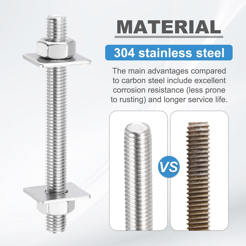 MECCANIXITY 1Set M10x500mm Fully Threaded Rod, 201 Stainless Steel Threaded Rods Bar Studs Right Hand Threads with Nut Square Washer for Structural Anchoring Fastening Screw 1