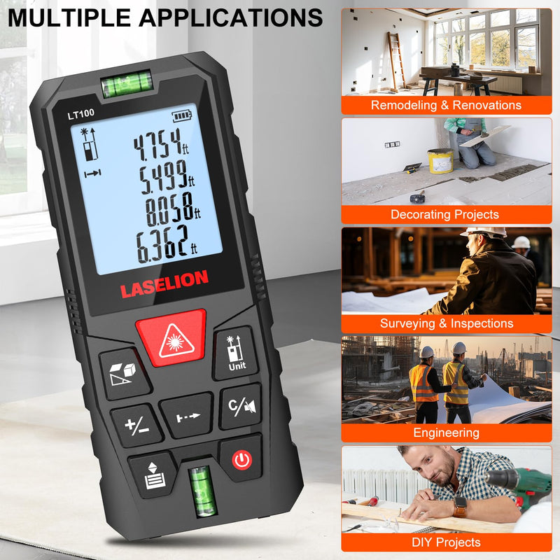LT100 Laser Distance Meter – 100m (328t) Range, High Accuracy, Multiple Measurement Modes, Built-in Level Bubble, Handle Laser Distance Measurement Tool，Mute Function (328ft) 328ft